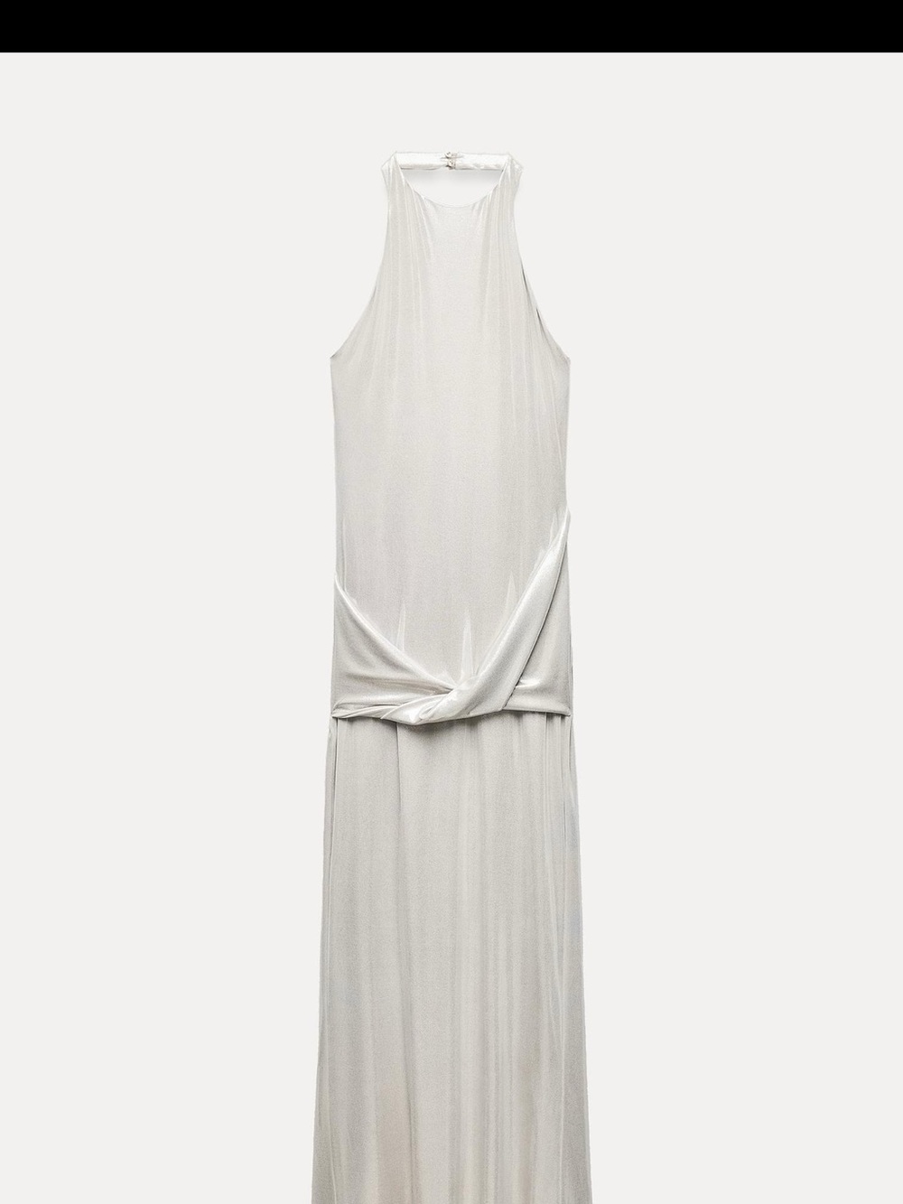 Zara Long Foil Silver Halter Dress with Twist Detail